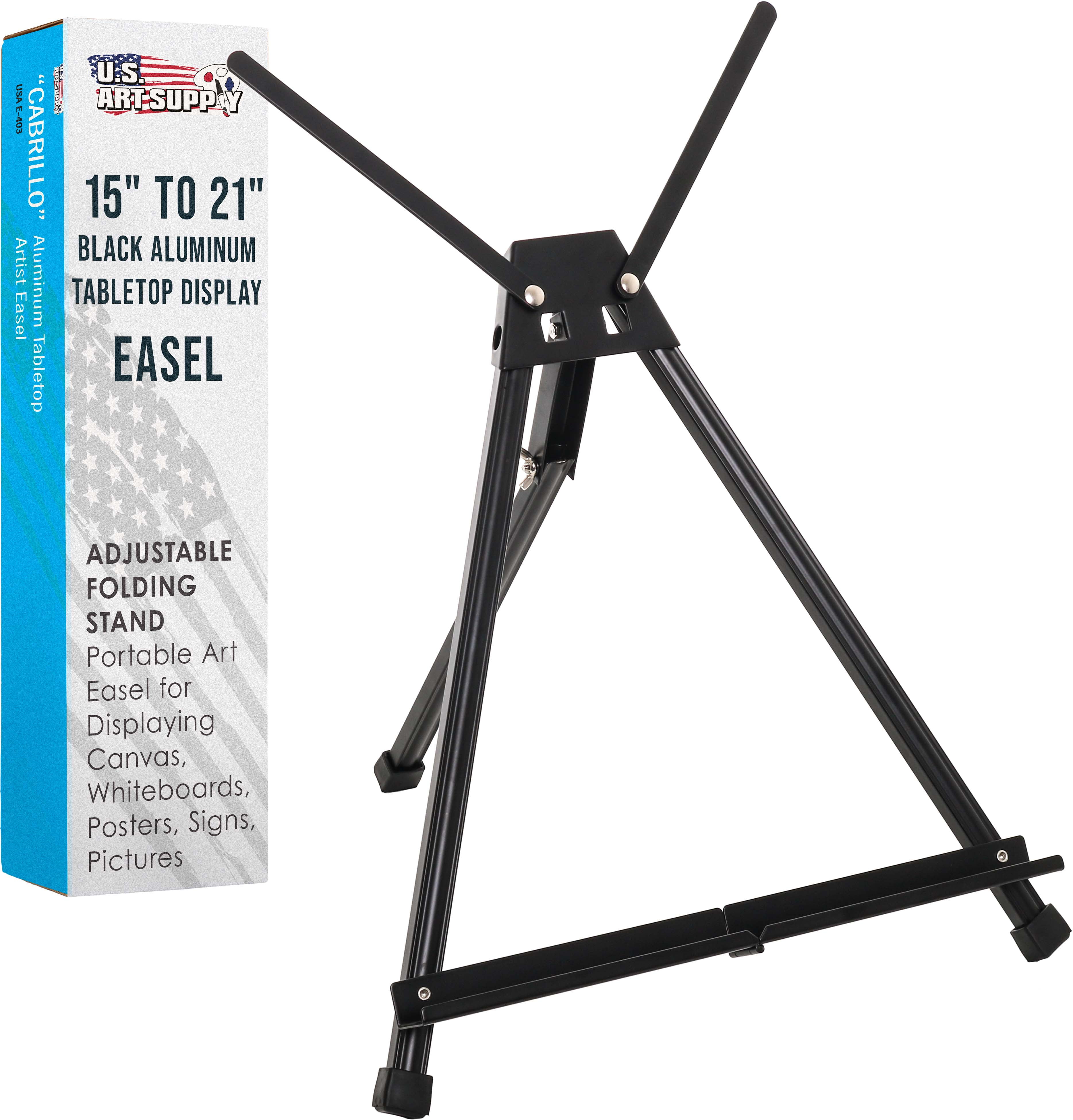 U.S. Art Supply 15" to 21" High Adjustable Black Aluminum Tabletop Display Easel with Arms, Portable Artist Tripod Stand