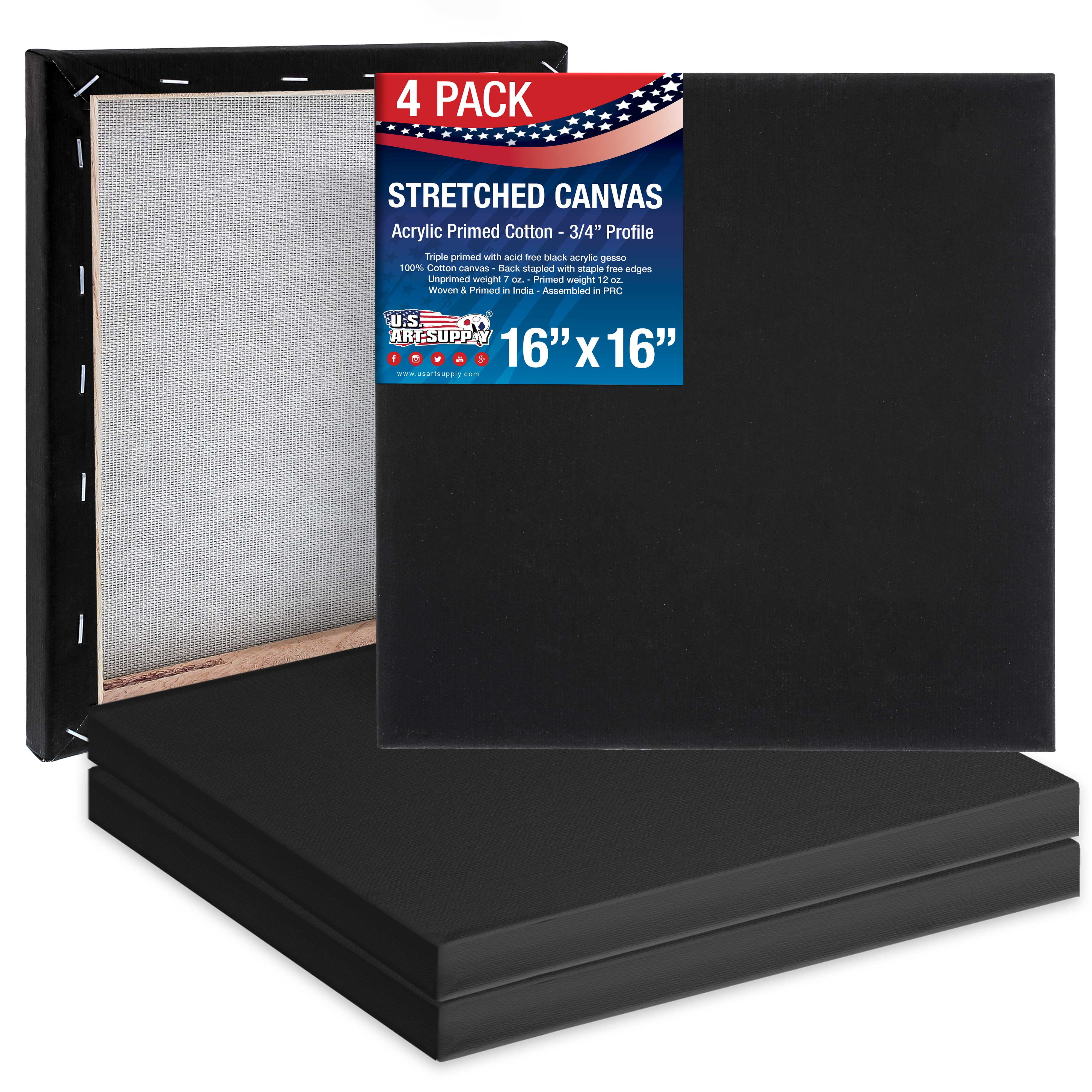 U.S. Art Supply 16 x 16 inch Black Stretched Canvas 12-Ounce Primed, 4-Pack - Professional Artist Quality 3/4" Profile, 100% Cotton, Heavy-Weight, Gesso - Painting, Acrylic Pouring, Oil Paint