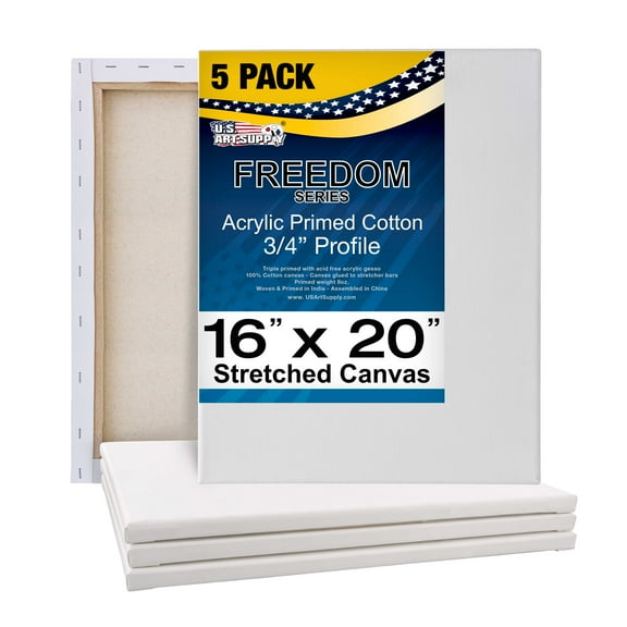 U.S. Art Supply 16 x 20 inch Stretched Canvas Super Value 5-Pack - Triple Primed Professional Artist Quality White Blank 5/8" Profile, 100% Cotton, Heavy-Weight Gesso - Acrylic Pouring, Oil Painting
