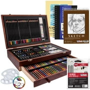U.S. Art Supply 162-Piece Deluxe Mega Wood Box Art Painting and Drawing Set Artist Painting Pad, 2 Sketch Pads, 24 Watercolor Paint Colors, 24 Oil Pastels, 24 Colored Pencils, 60 Crayons, 2 Brushes
