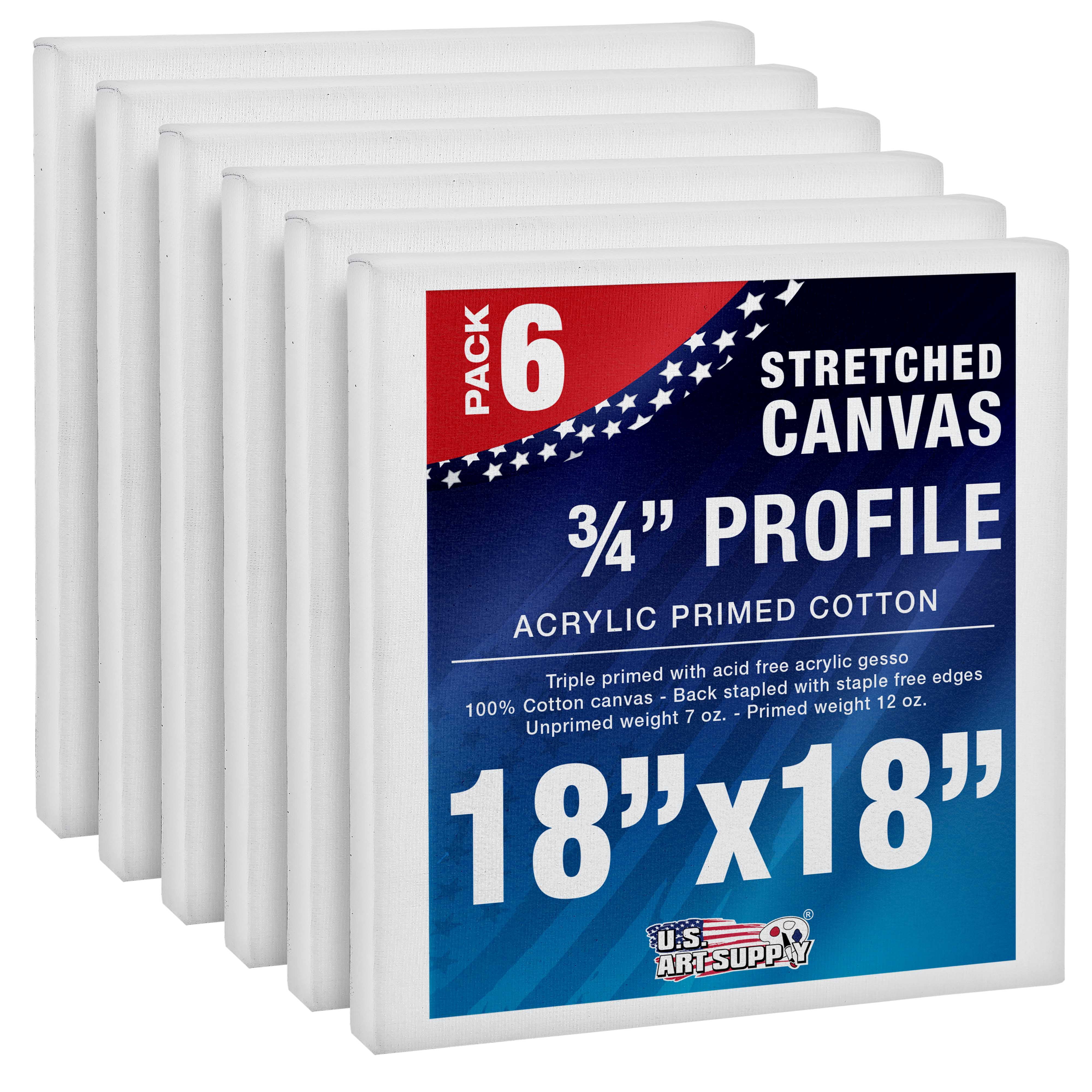 U.S. Art Supply 18 x 18 inch Stretched Canvas 12-Ounce Triple Primed, 6-Pack - Professional Artist Quality White Blank 3/4" Profile, 100% Cotton, Heavy-Weight Gesso - Acrylic Pouring, Oil Painting