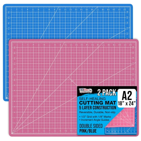 U.S. Art Supply 18" x 24" Self-Healing Cutting Mat 5-Ply (2 Pack) - Double-Sided Pink/Blue Craft Mat, Non-Slip Cutting Mats for Crafts, Sewing, Quilting, Scrapbooking