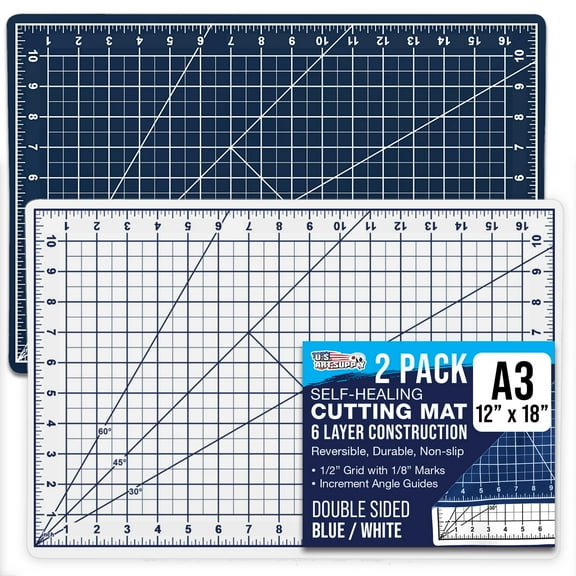 U.S. Art Supply 12" x 18" Self-Healing Cutting Mat 5-Ply (2 Pack) - Double-Sided White/Blue Craft Mat, Non-Slip Cutting Mats for Crafts, Sewing, Quilting, Scrapbooking