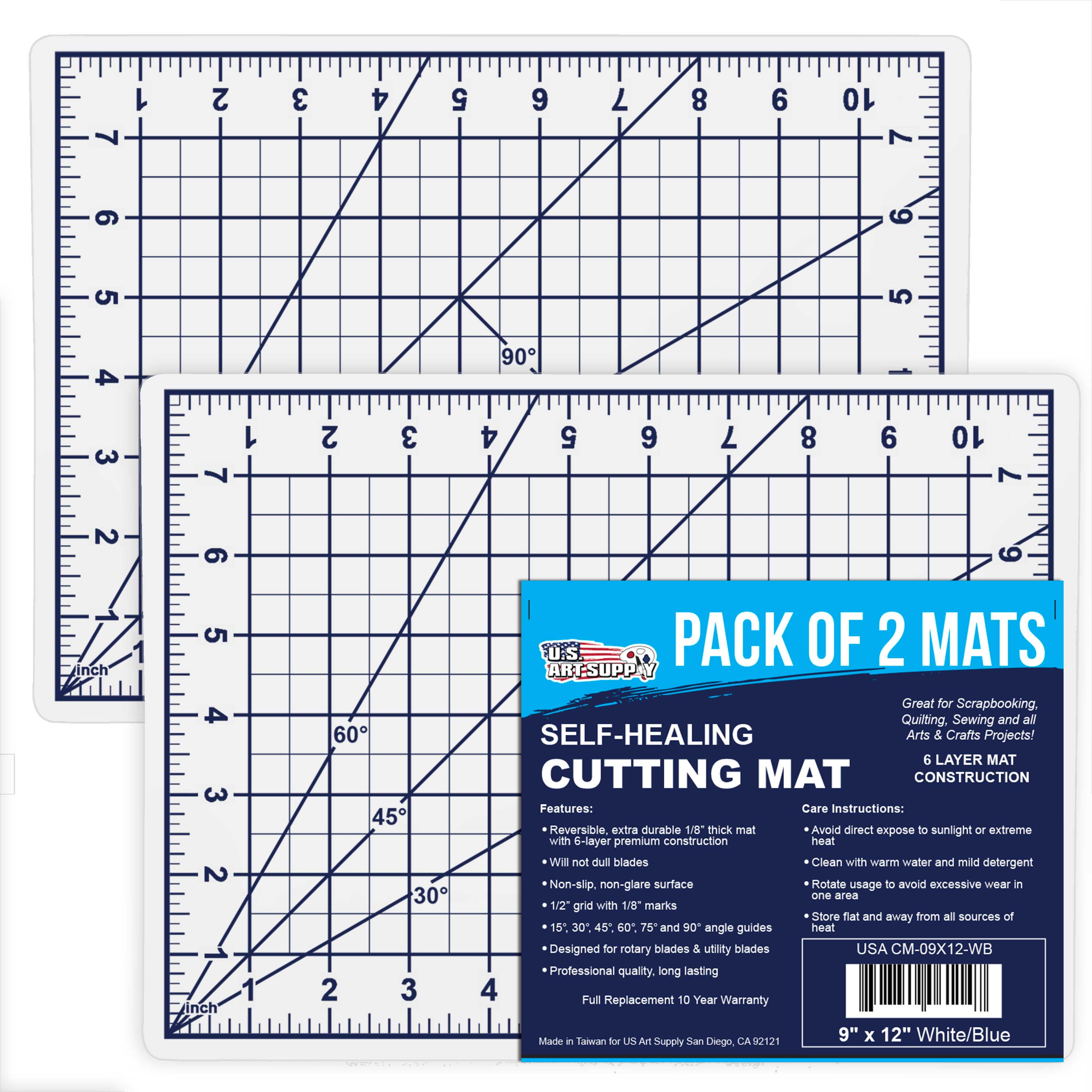 White and Blue Reversible Self-Healing PVC Cutting Mats, 9" x 12", Pack of 2