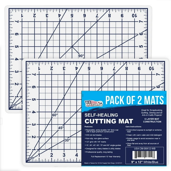 U.S. Art Supply 9" x 12" Self-Healing Cutting Mat 5-Ply (2 Pack) - Double-Sided White/Blue Craft Mat, Non-Slip Cutting Mats for Crafts, Sewing, Quilting, Scrapbooking