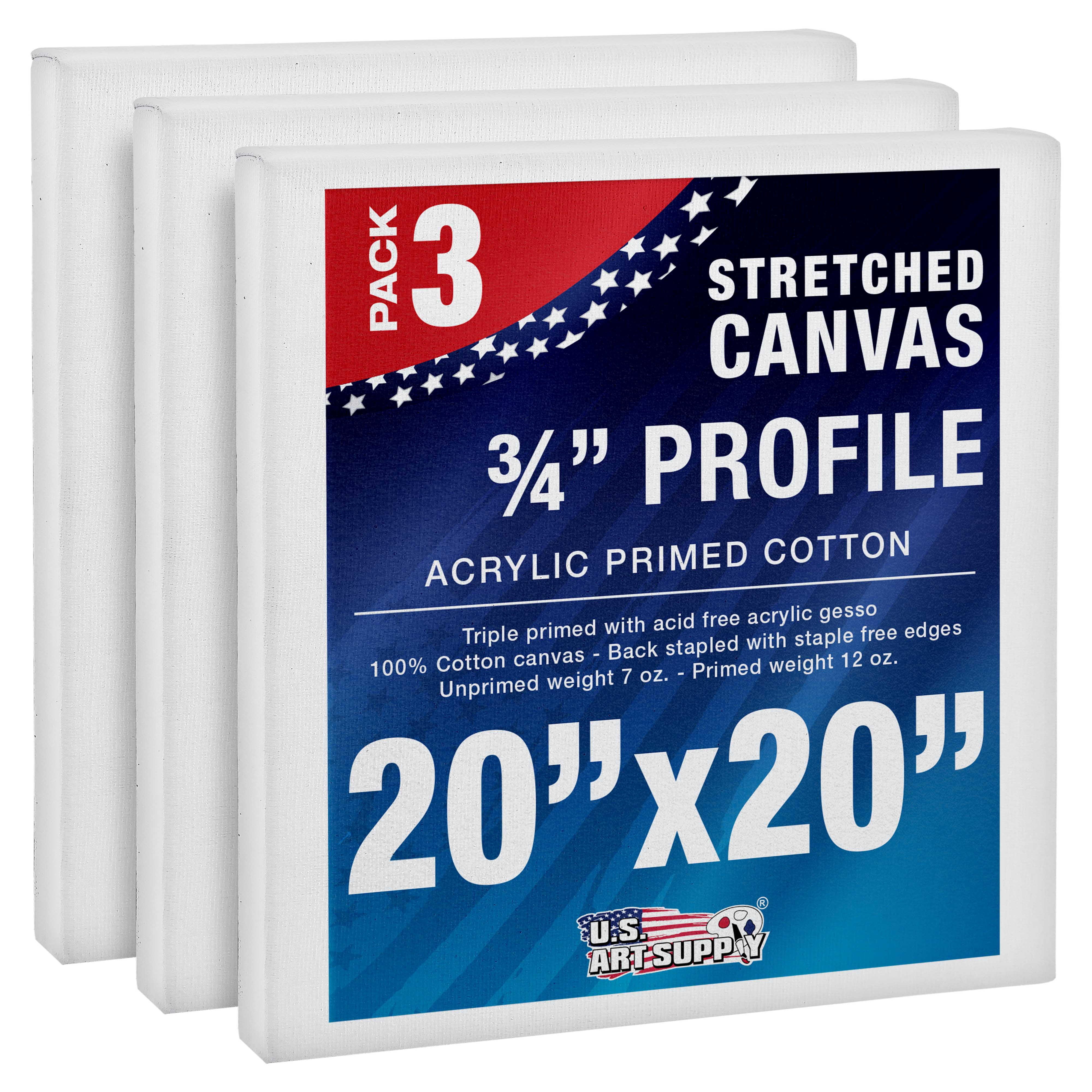 U.S. Art Supply 20 x 20 inch Stretched Canvas 12-Ounce Triple Primed, 3-Pack - Professional Artist Quality White Blank 3/4" Profile, 100% Cotton, Heavy-Weight Gesso - Acrylic Pouring, Oil Painting