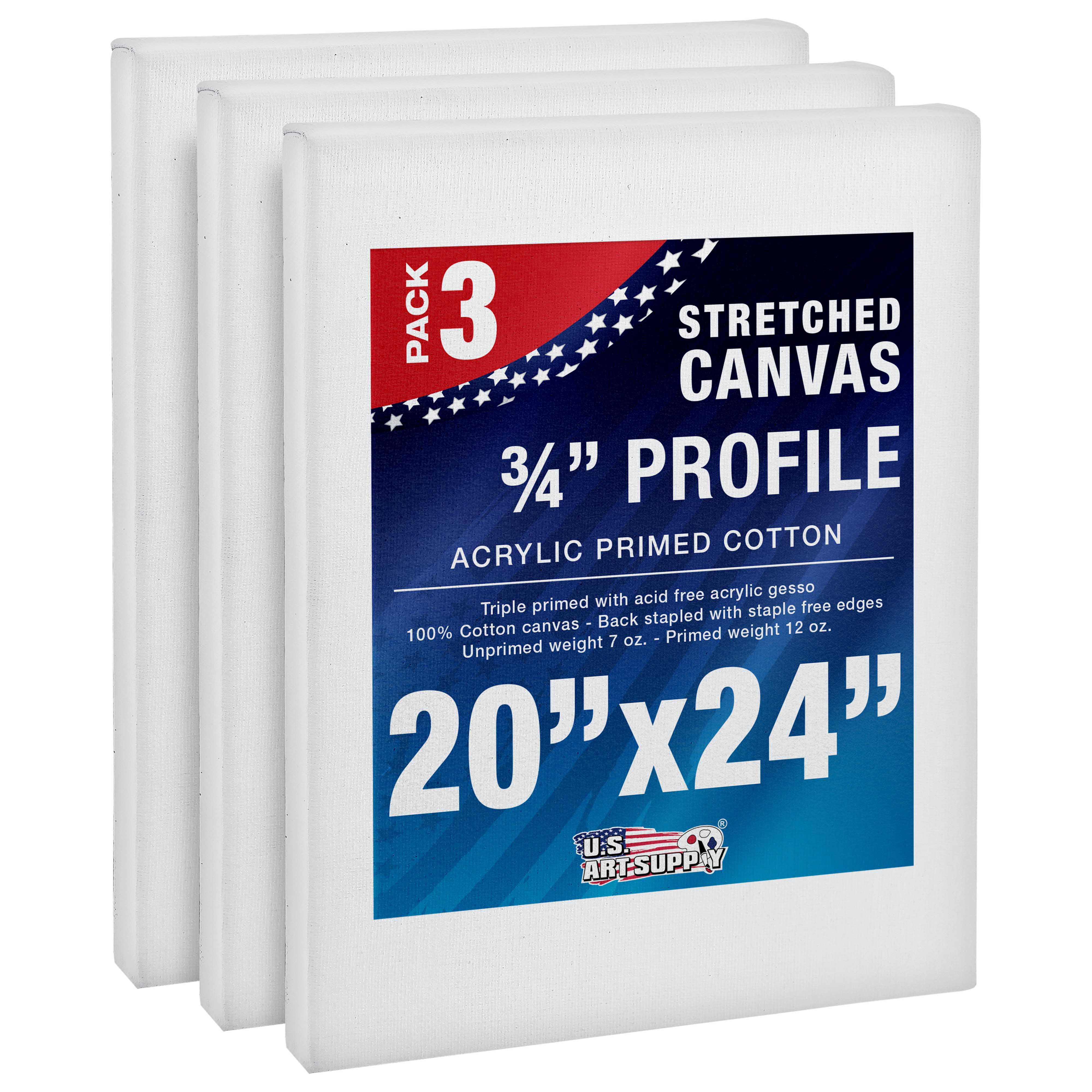 U.S. Art Supply 20 x 24 inch Stretched Canvas 12-Ounce Triple Primed, 3-Pack - Professional Artist Quality White Blank 3/4" Profile, 100% Cotton, Heavy-Weight Gesso - Acrylic Pouring, Oil Painting