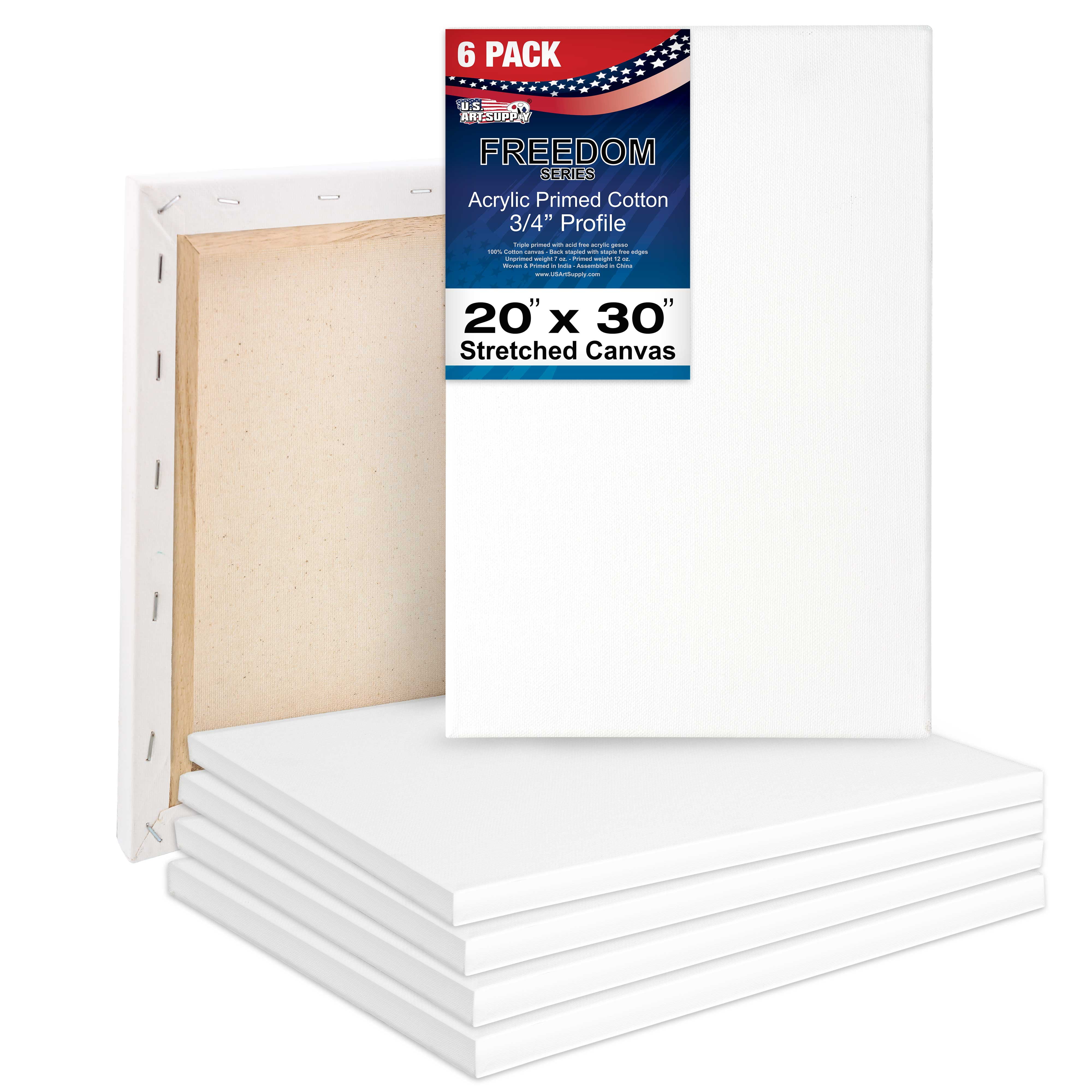 US Art Supply 20 x 30 inch Stretched Canvas 12-Ounce Triple Primed, 6-Pack  - Professional Artist Quality White Blank 3/4 Profile, 100% Cotton