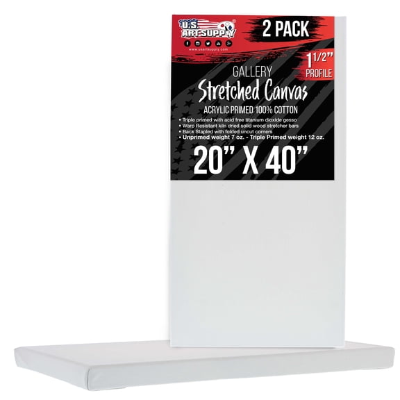 U.S. Art Supply 20" x 40" Gallery Depth 1.5" Profile Stretched Canvas 2-Pack - Acrylic Gesso Triple Primed 12-ounce 100% Cotton Acid-Free Back Stapled