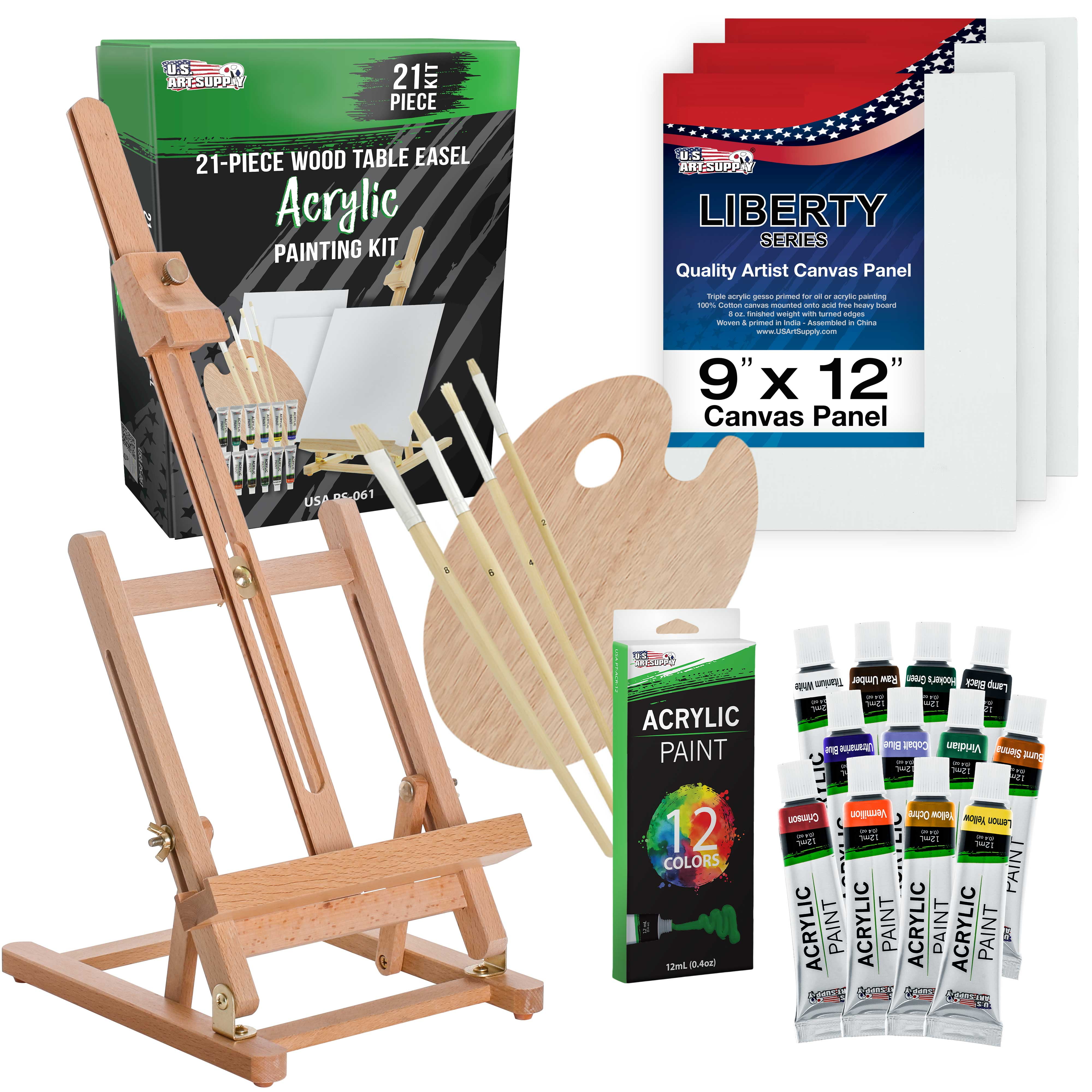  U.S. Art Supply 33-Piece Custom Artist Acrylic Painting Set  with Wooden H-Frame Studio Easel, 12 Vivid Acrylic Paint Colors, 3 Canvas  Panels, 13 Brushes, Painting Palette, Painting Pad - Starter Kit