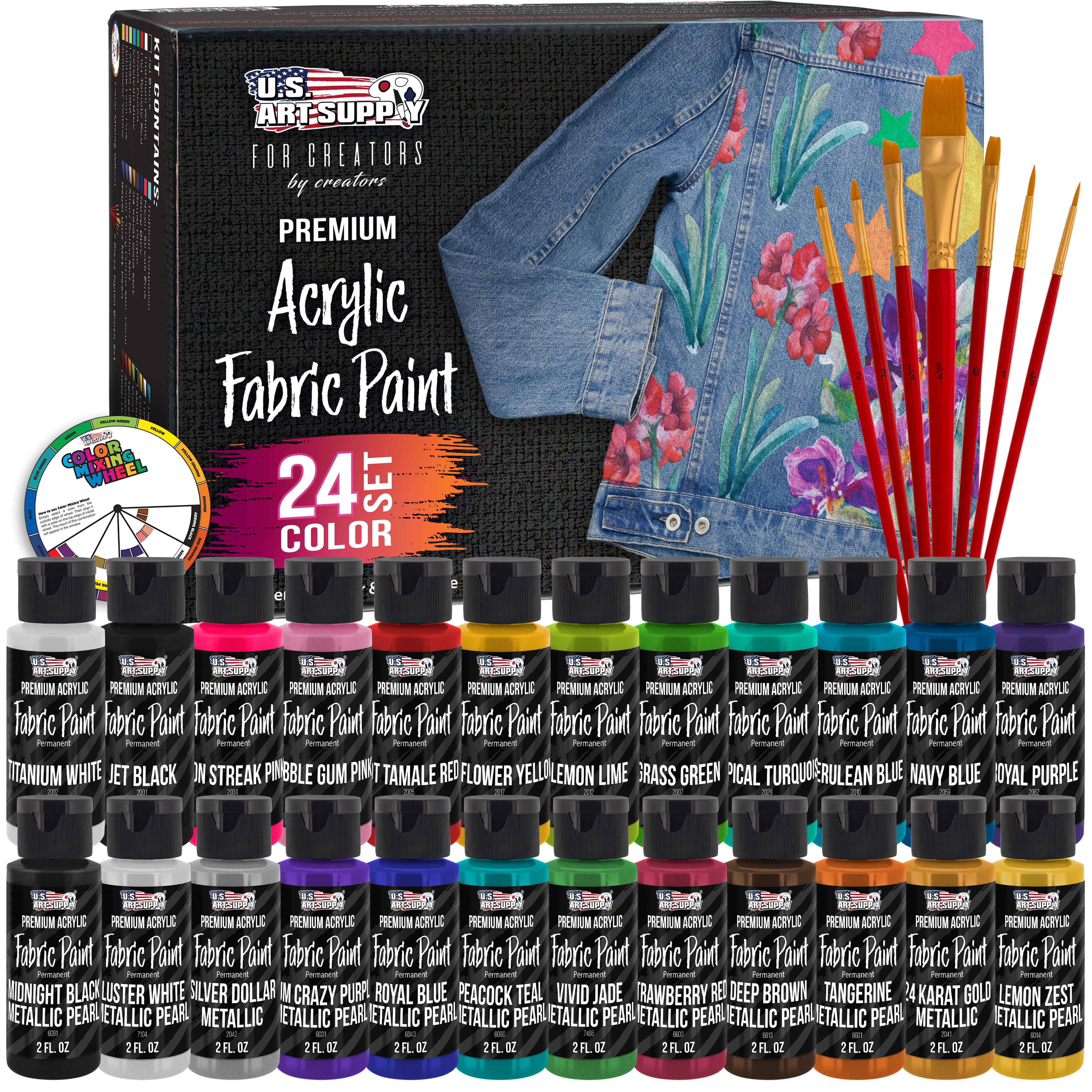U.S. Art Supply 24 Color Permanent Acrylic Fabric Paint Set, 2oz, with 7 Brushes - Textile Paints for Clothes, Denim, Canvas, Upholstery & Furniture - Permanent Fabric Paints
