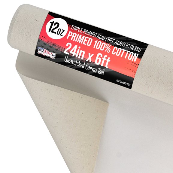 U.S. Art Supply 24" Wide x 2 Yards (6 Feet) Long Unstretched Canvas Roll - 100% Cotton, 12oz Triple Primed Gesso, Acid-Free - Pro Artist Quality, Oil & Acrylic Painting, Murals, Backdrop, Cut Size