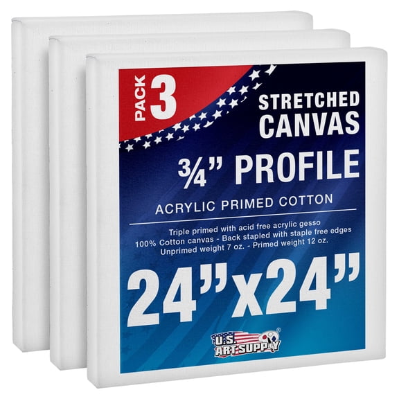 U.S. Art Supply 24 x 24 inch Stretched Canvas 12-Ounce Triple Primed, 3-Pack - Professional Artist Quality White Blank 3/4" Profile, 100% Cotton, Heavy-Weight Gesso - Acrylic Pouring, Oil Painting