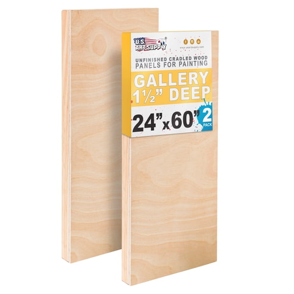 U.S. Art Supply Unfinished Cradled Wood Panels for Painting, 2 Pack of 24x60 inch - Gallery Birch Wooden Canvas Boards 1-1/2" Deep - Mixed-Media Craft, Acrylic, Oil, Encaustic, Paint Pouring
