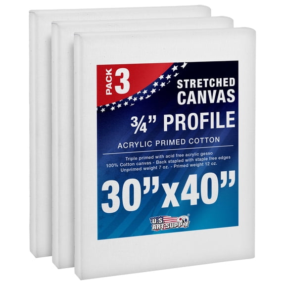 U.S. Art Supply 30 x 40 inch Stretched Canvas 12-Ounce Triple Primed, 3-Pack - Professional Artist Quality White Blank 3/4" Profile, 100% Cotton, Heavy-Weight Gesso - Acrylic Pouring, Oil Painting