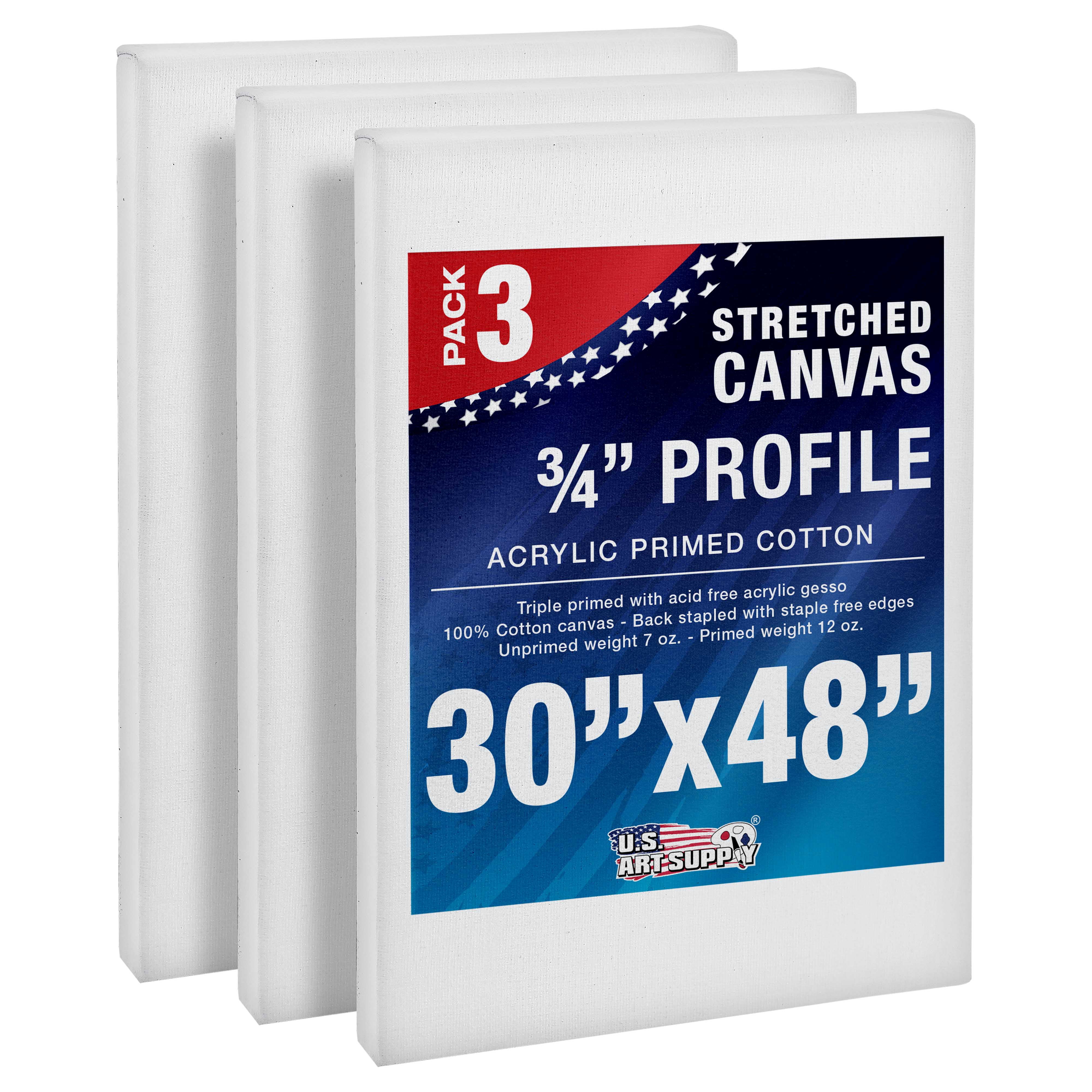 U.S. Art Supply 30 x 48 inch Stretched Canvas 12-Ounce Triple Primed, 3-Pack - Professional Artist Quality White Blank 3/4" Profile, 100% Cotton, Heavy-Weight Gesso - Acrylic Pouring, Oil Painting