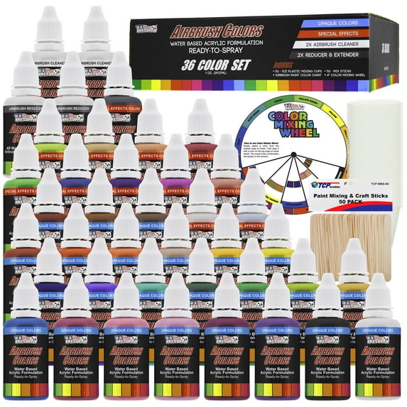 U.S. Art Supply 36 Color Deluxe Acrylic Airbrush, Leather & Shoe Paint Set with Cleaner, Thinner, 50-Plastic Mixing Cups, 50-Wooden Mix Sticks and Color Mixing Wheel