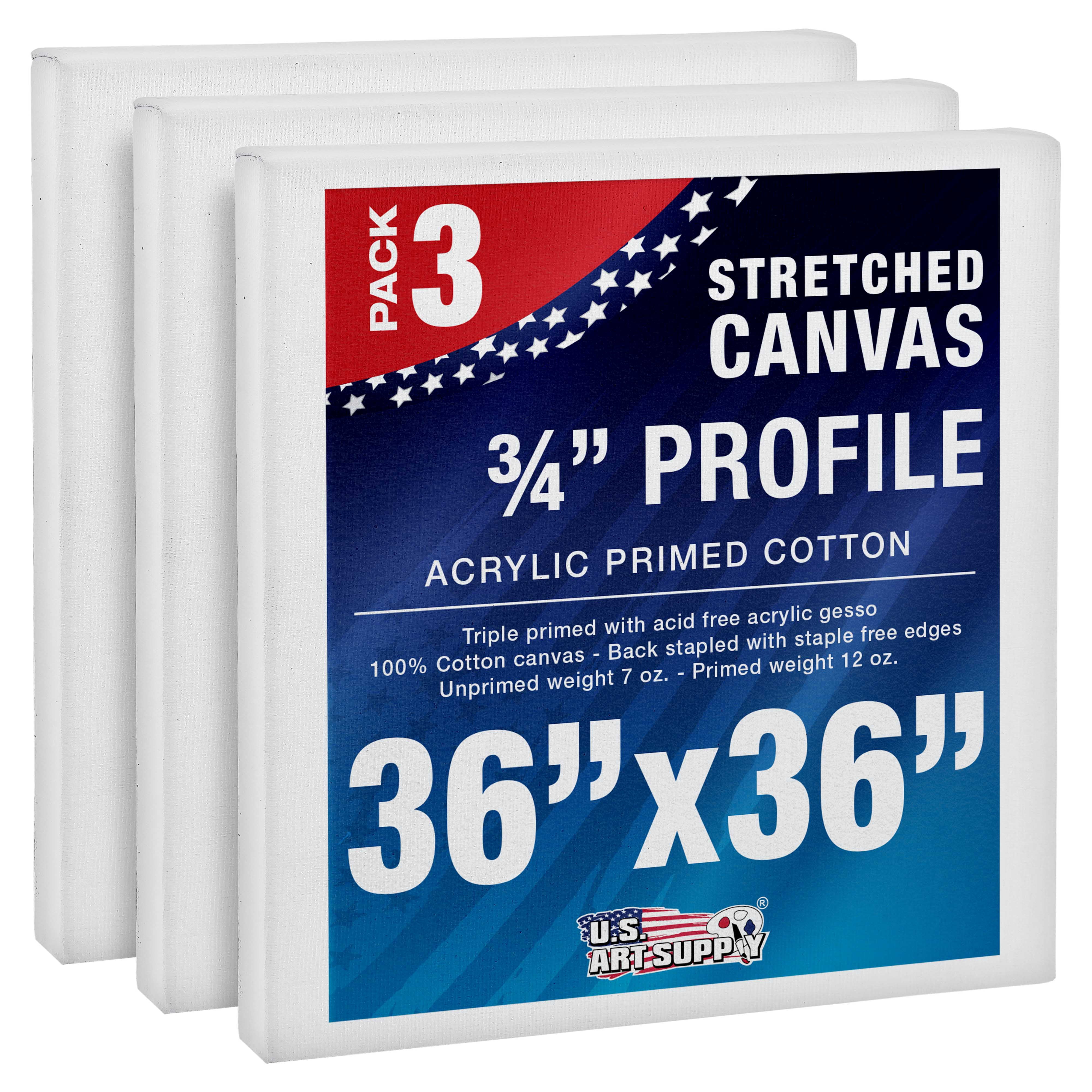 U.S. Art Supply 36 x 36 inch Stretched Canvas 12-Ounce Triple Primed, 3-Pack - Professional Artist Quality White Blank 3/4" Profile, 100% Cotton, Heavy-Weight Gesso - Acrylic Pouring, Oil Painting