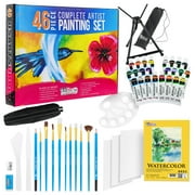 U.S. Art Supply 46-Piece Complete Artist Painting Set with Easel - 12 Acrylic & 12 Watercolor Paint Colors, Brushes, Canvas Panels, Watercolor Pad, Painting Palette, Pencils - Kid, Student, Adult Kit