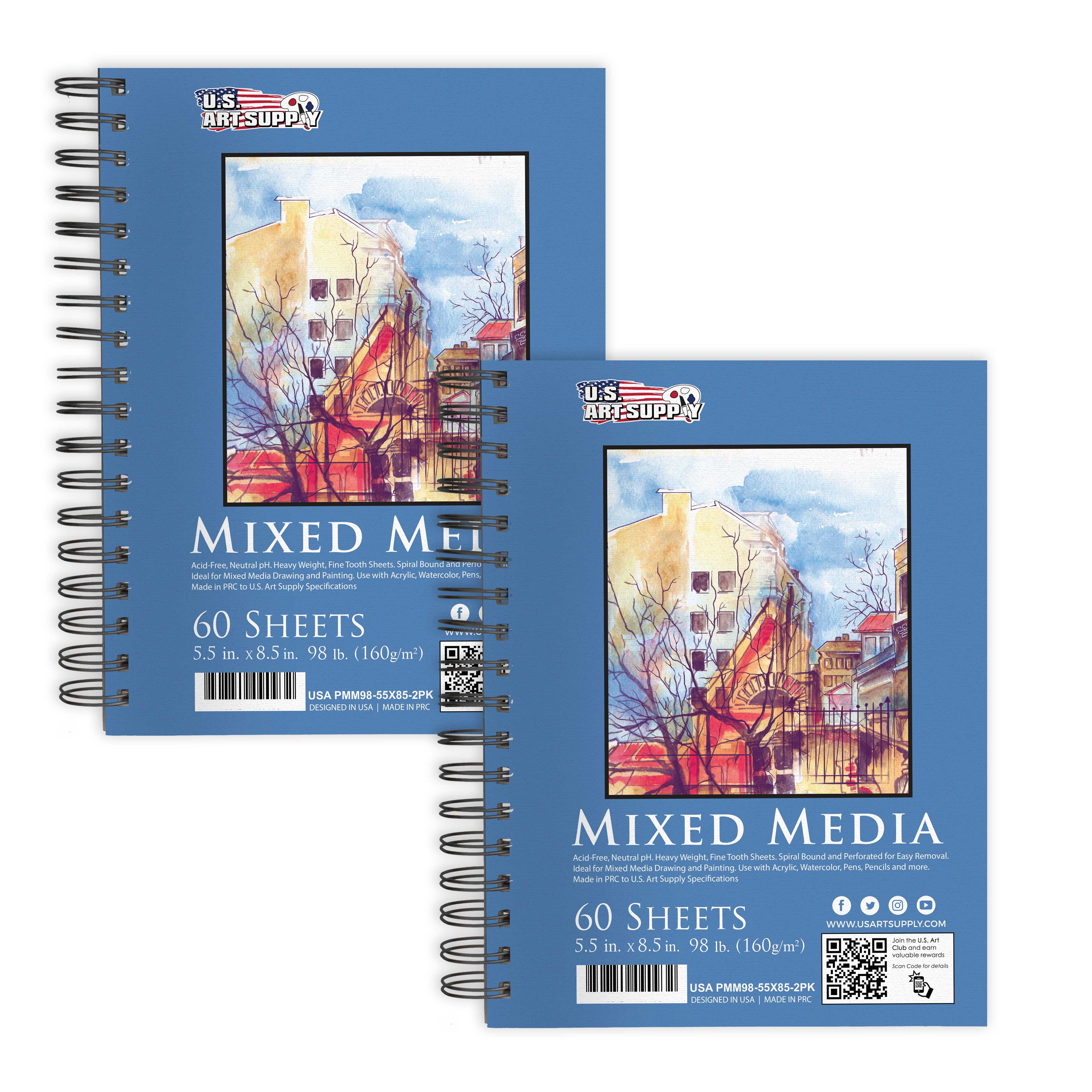  Bianyo Mixed Media Paper Sketchbook, A4 (8.26 X 11.69), 60  Sheets/Each, 123 LB/200 GSM, Pack of 2 Pads, Spiral-Bound Pad, Ideal for  Wet & Dry Media Like Marker, Watercolor, Acrylic, Pastel