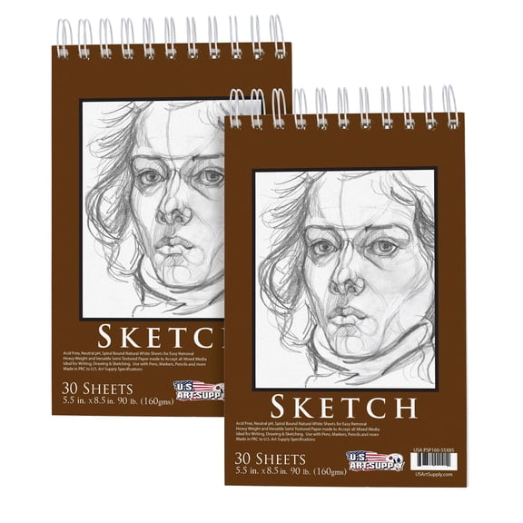 U.S. Art Supply 5.5" x 8.5" Premium Heavy-Weight Paper Spiral Bound Sketch Pad, 90 Pound (160gsm), Pad of 30-Sheets (Pack of 2 Pads)