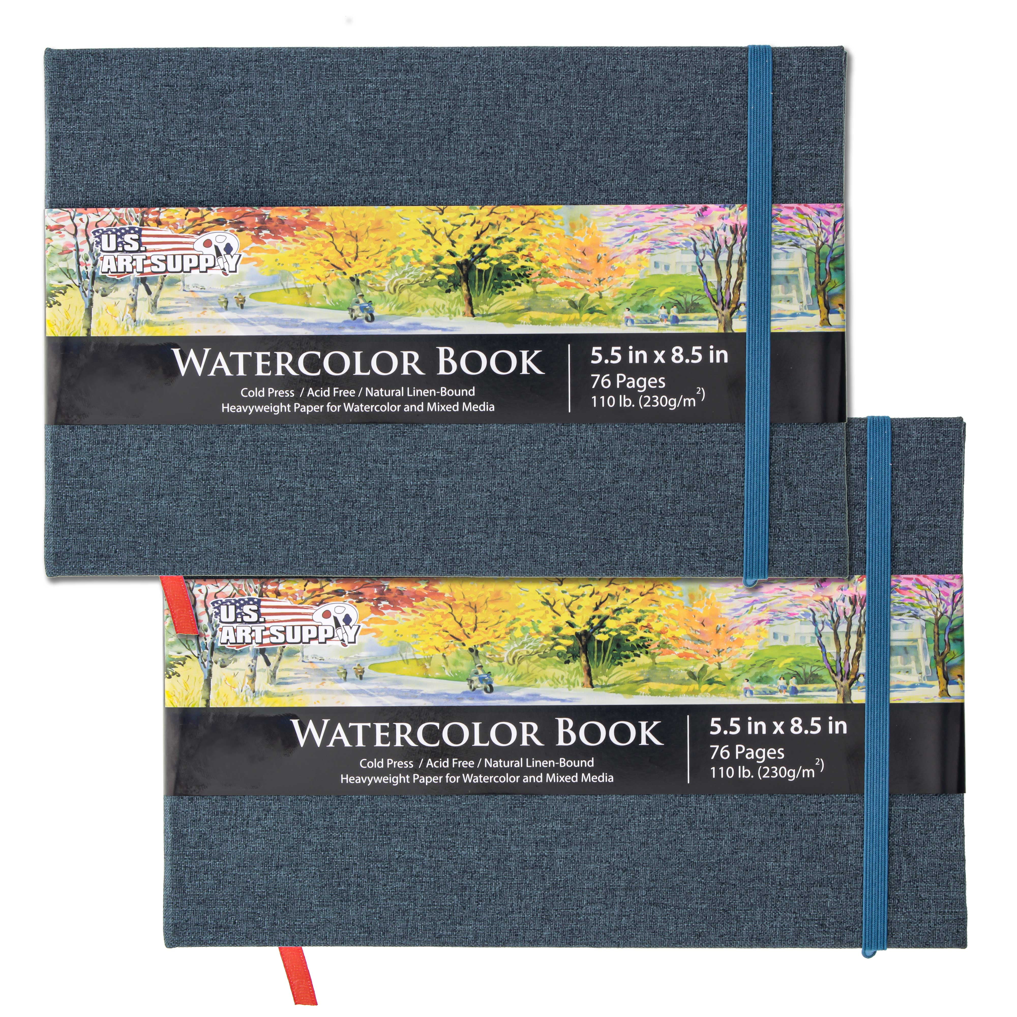 U.S. Art Supply 5.5 inch x 8.5 inch Watercolor Book, 2 Pack, 76 Sheets, 110 lb (230 Gsm) - Linen-Bound Hardcover Artists Paper Pads - Acid-free, Cold