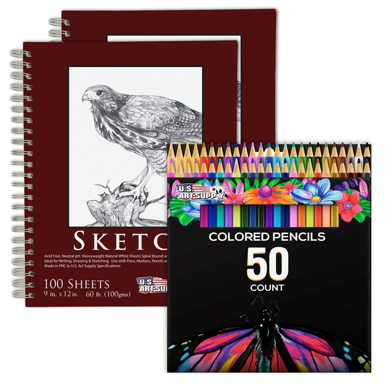 U.S. Art Supply 50 Piece Adult Coloring Book Artist Grade Colored Pencil Set with 2 Packs 9 x 12 Sketch Pads Drawing Paper - Sketching Shading
