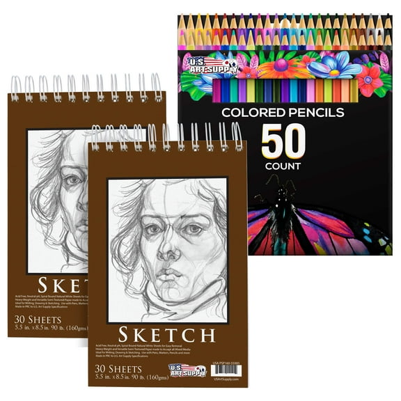U.S. Art Supply 50 Piece Adult Coloring Book Artist Grade Colored Pencil Set with 2 Pack of 5.5"x 8.5" Spiral Binding Sketch Pad 160gsm, 30sheets
