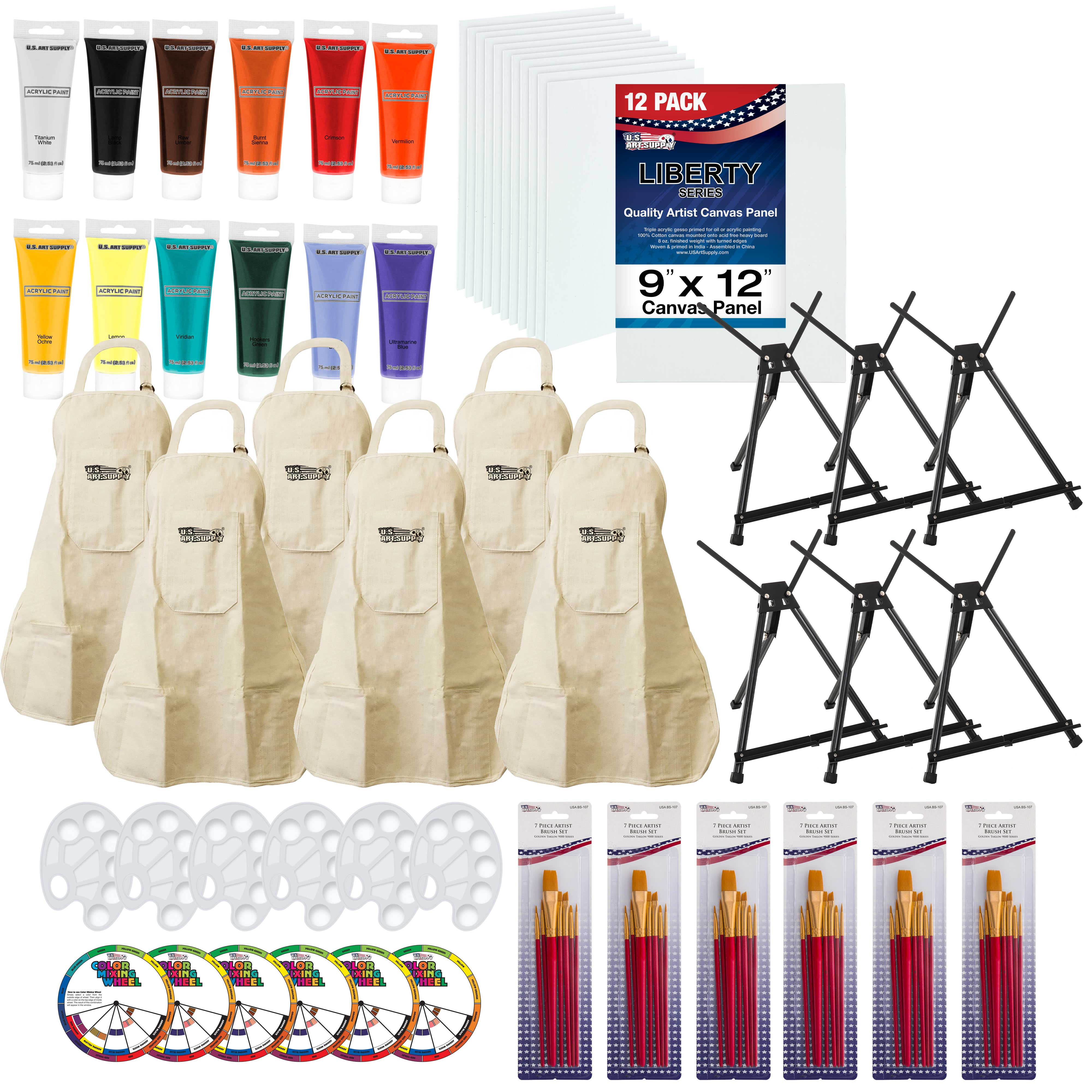 U.S. Art Supply 6-Person Wine Sip and Kids Art Painting Party Kit - 6 Easels, 12 Color Acrylic Paint Set, 12 Canvas Panels, 6 Brush Sets, 6 Painting Palettes, 6 Artist Aprons, Enjoy Fun Birthday Party