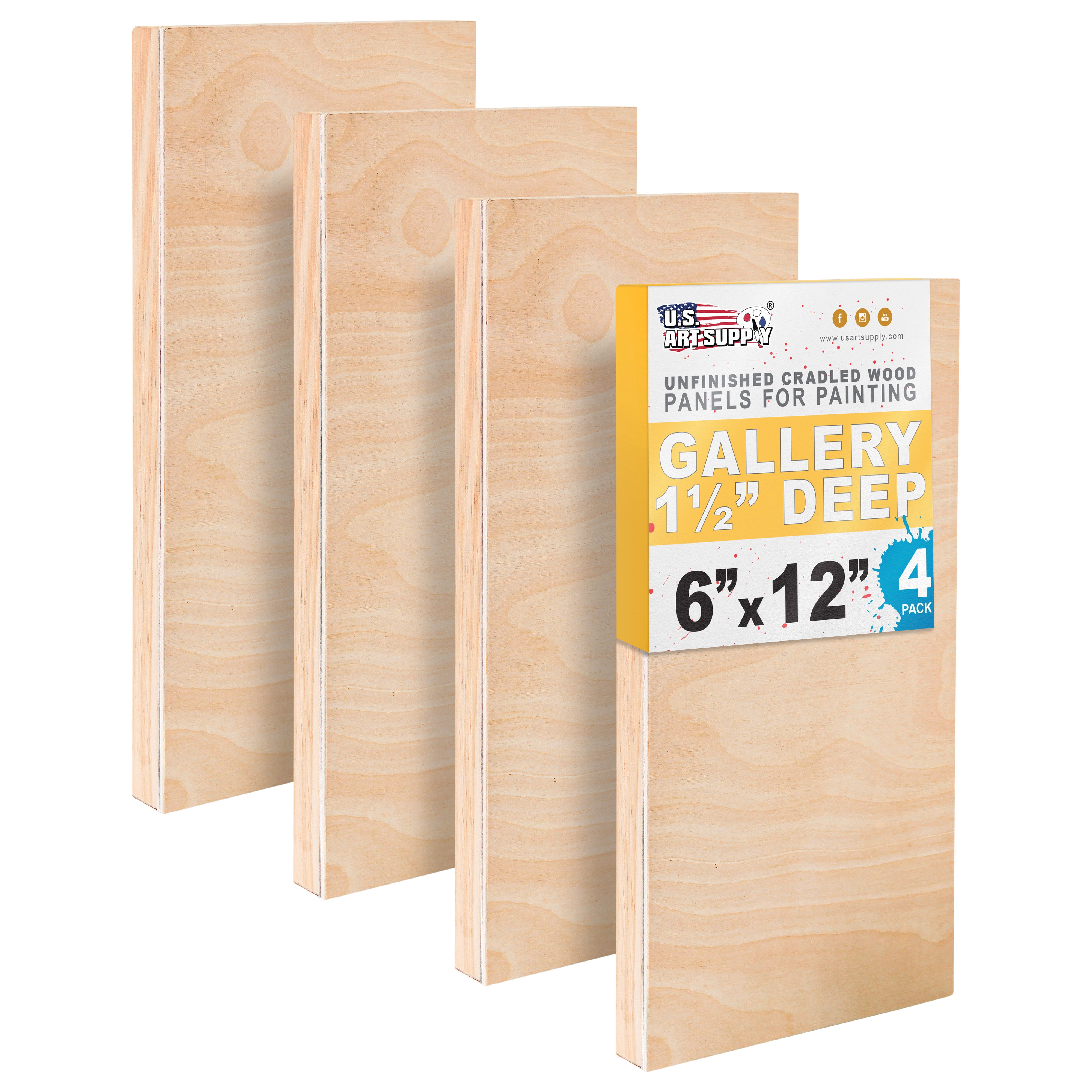 U.S. Art Supply 6" x 12" Unfinished Cradled Wood Panels for Painting, Gallery 1-1/2" Deep (4 Pack) - Artist Depth Wooden Wall Canvases - Mixed-Media Craft, Acrylic, Oil, Encaustic, Paint Pouring