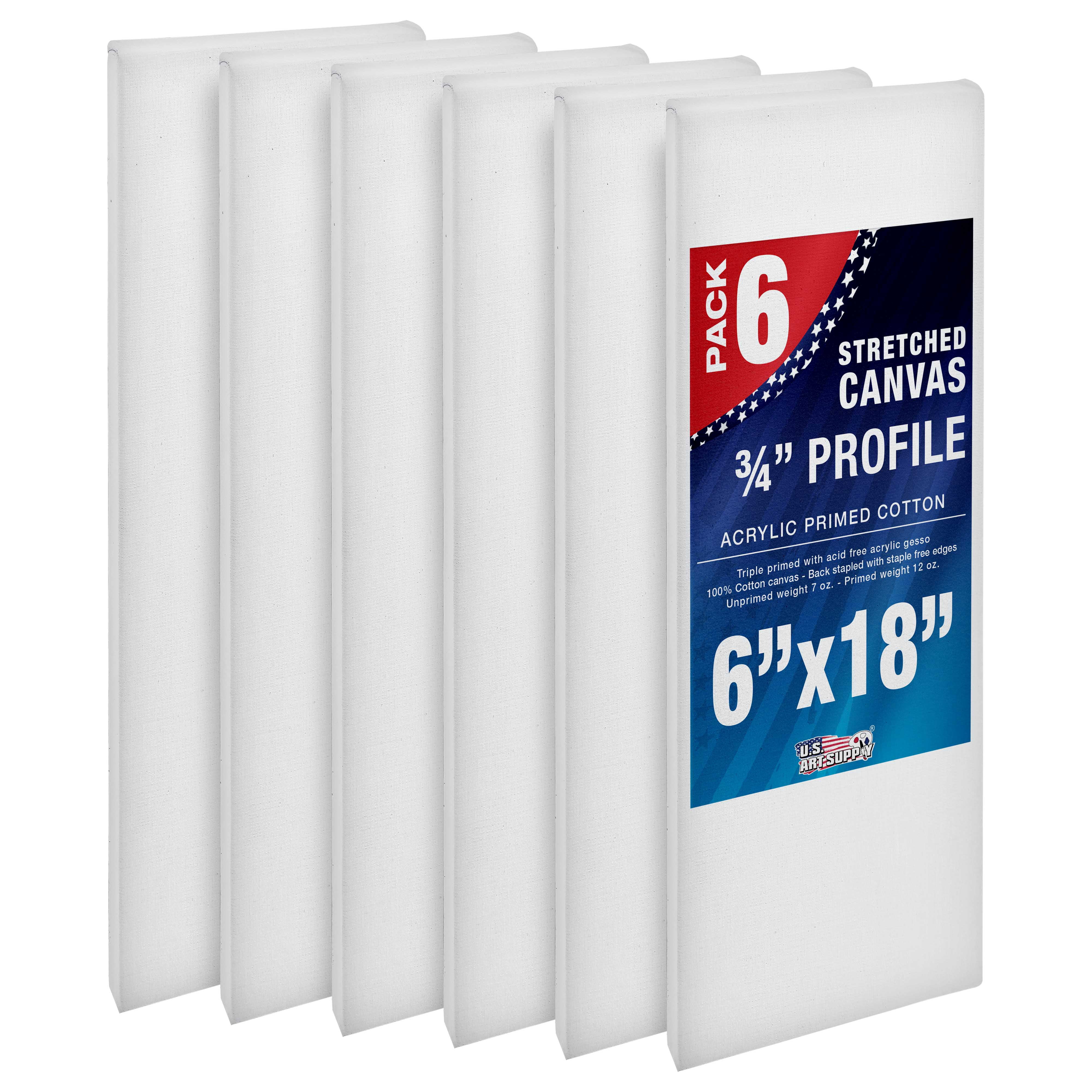 U.S. Art Supply 6 x 18 inch Stretched Canvas 12-Ounce Triple Primed, 6-Pack - Professional Artist Quality White Blank 3/4" Profile, 100% Cotton, Heavy-Weight Gesso - Acrylic Pouring, Oil Painting