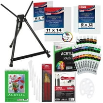 U.S. Art Supply 60-Piece Deluxe Artist Acrylic Painting Set with Aluminum Tabletop Easel, 24 Acrylic Paint Colors, 22 Brushes, 2 Stretched Canvases, 3 Canvas Panels, Paint Palette Knives Painting Pad