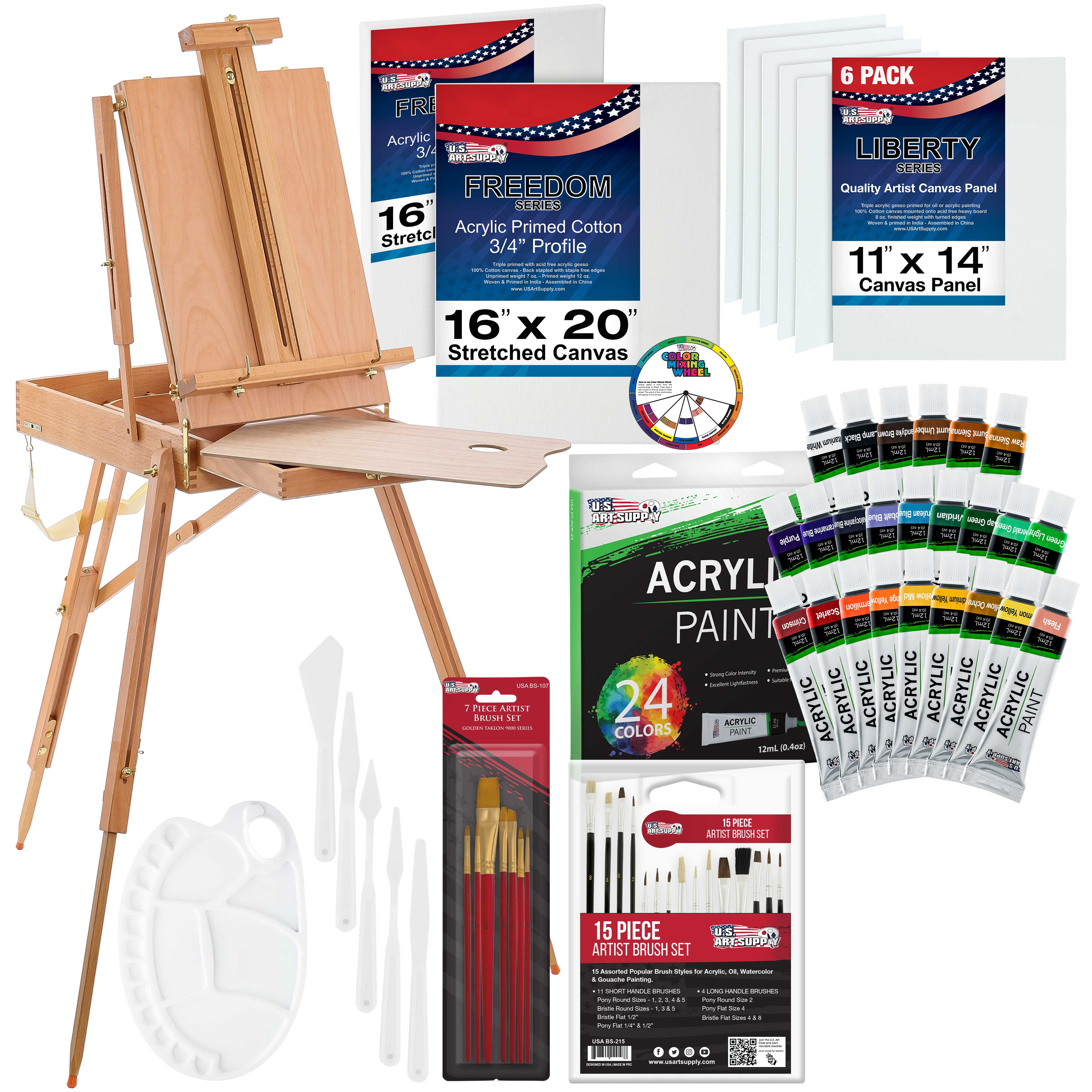 U.S. Art Supply 62-Piece Artist Acrylic Painting Set with Coronado French Style Sketch Box Easel, 24 Acrylic Paint Colors, 22 Brushes, 2 Stretched