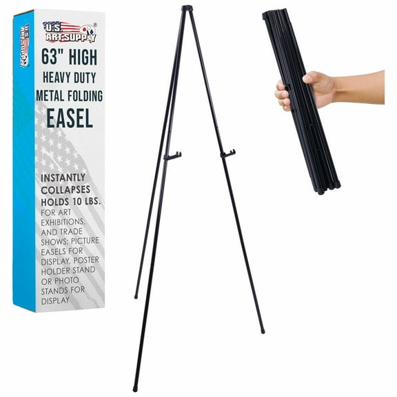U.S. Art Supply 63" High Heavy Duty Steel Easy Folding Display Easel, Adjustable Height Display Holders, Portable Tripod