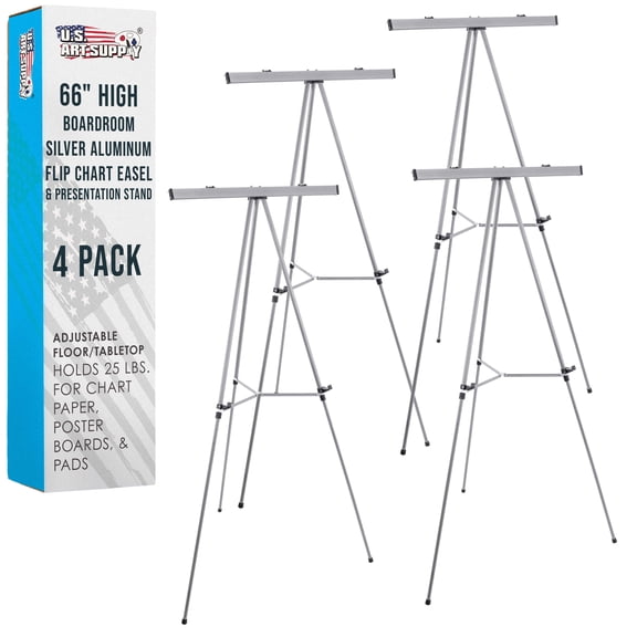 U.S. Art Supply 66" Classroom Silver Aluminum Flipchart Display Easel (Pack of 4), Presentation Stand, Floor Tabletop