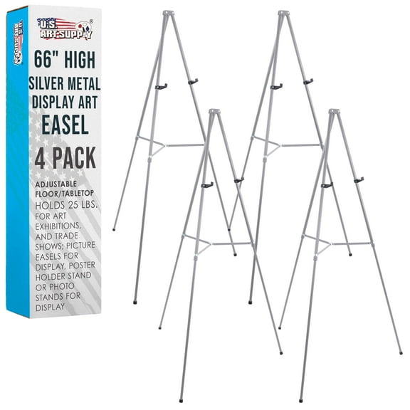 U.S. Art Supply 66" High Gallery Silver Aluminum Display Easel (Pack of 4), Adjustable Floor Tabletop Presentation Stand