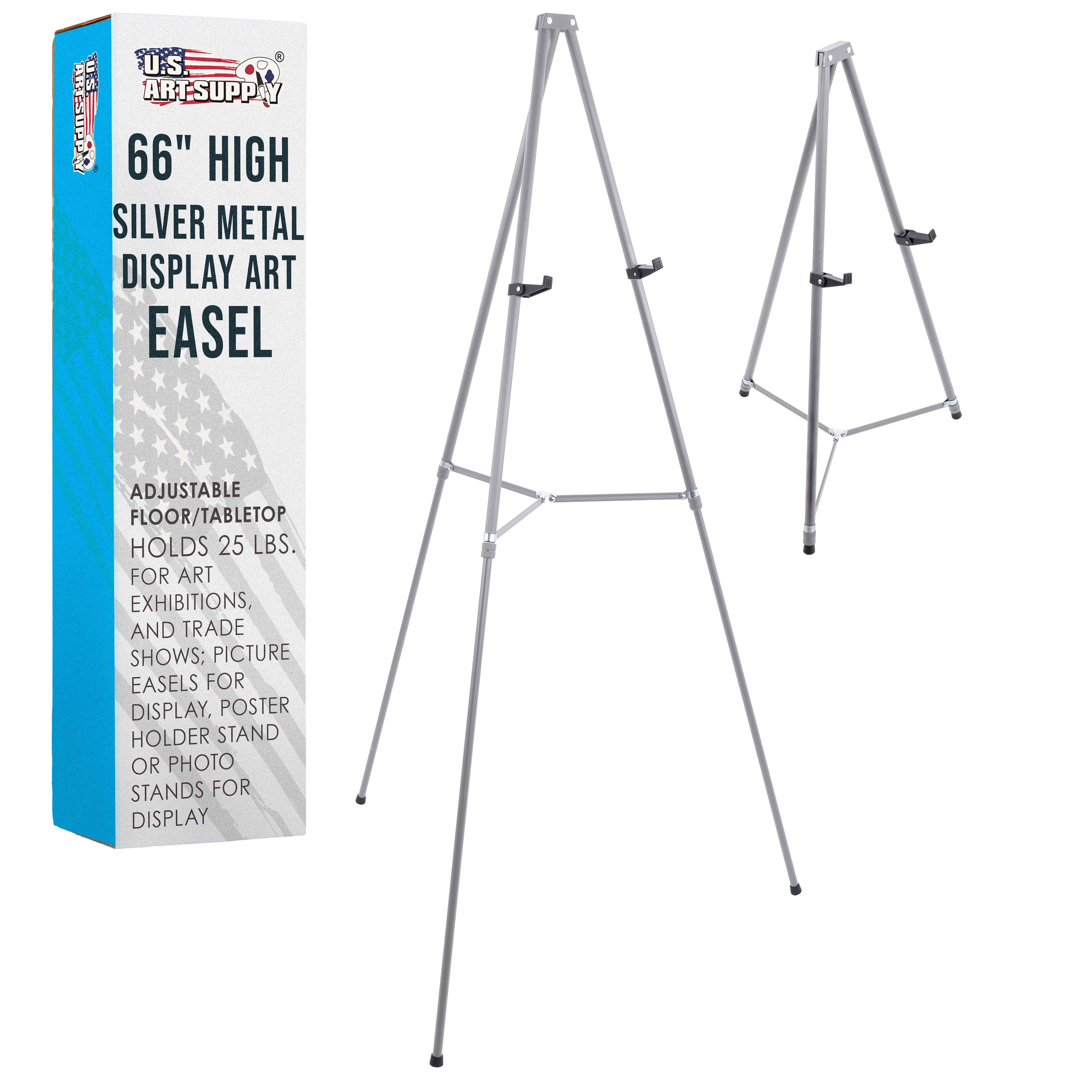 U.S. Art Supply 66" High Gallery Silver Aluminum Display Easel and Presentation Stand, Adjustable Floor and Tabletop Use