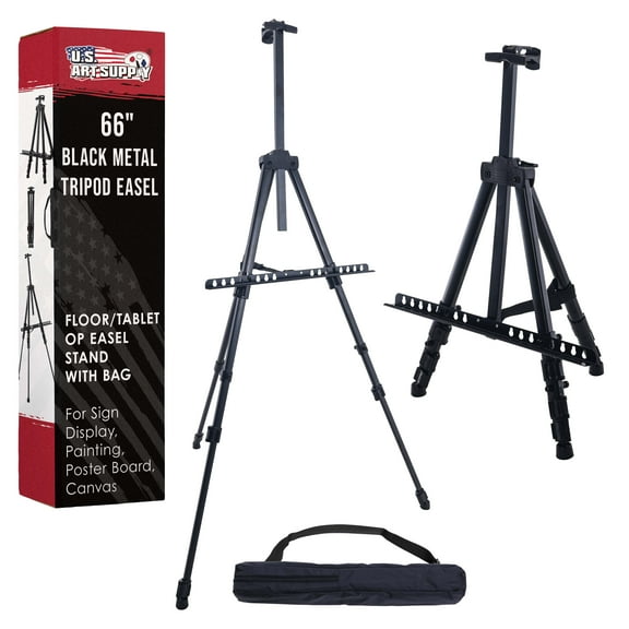 U.S. Art Supply 66 Inch Sturdy Black Aluminum Tripod Artist Field and Display Easel Stand - Adjustable Height 20" to 5.5 Feet, Holds 32" Canvas - Floor and Tabletop Displaying, Painting - Portable Bag