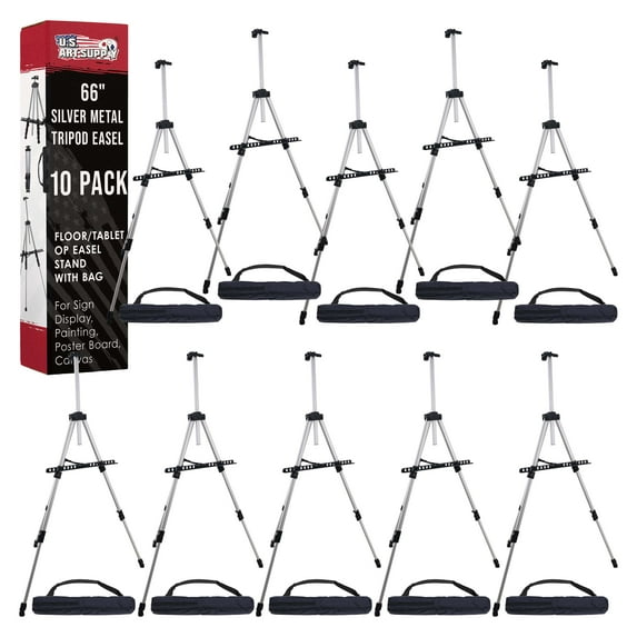 U.S. Art Supply 66" Silver Aluminum Tripod Artist Field Display Easel Stand (Pack of 10) - Adjustable Floor and Tabletop