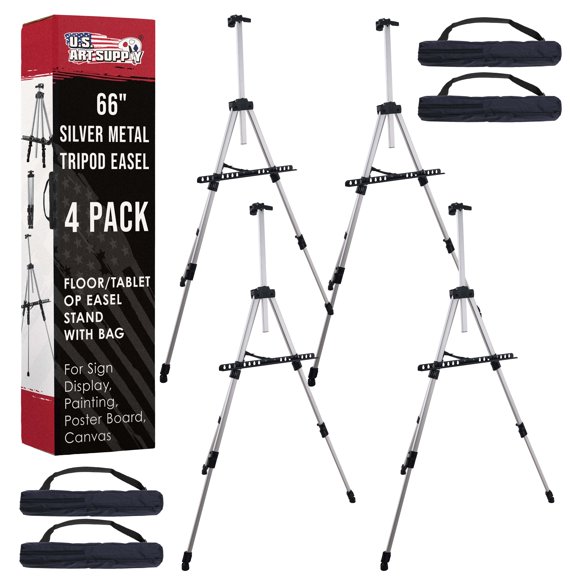 U.S. Art Supply 66" Silver Aluminum Tripod Artist Field Display Easel Stand (Pack of 4) - Adjustable, Floor and Tabletop