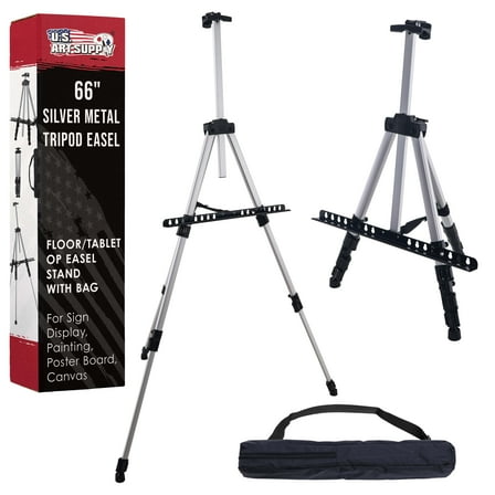 U.S. Art Supply 66" Silver Aluminum Tripod Artist Field and Display Easel Stand - Adjustable, Holds 32" Canvas, Tabletop