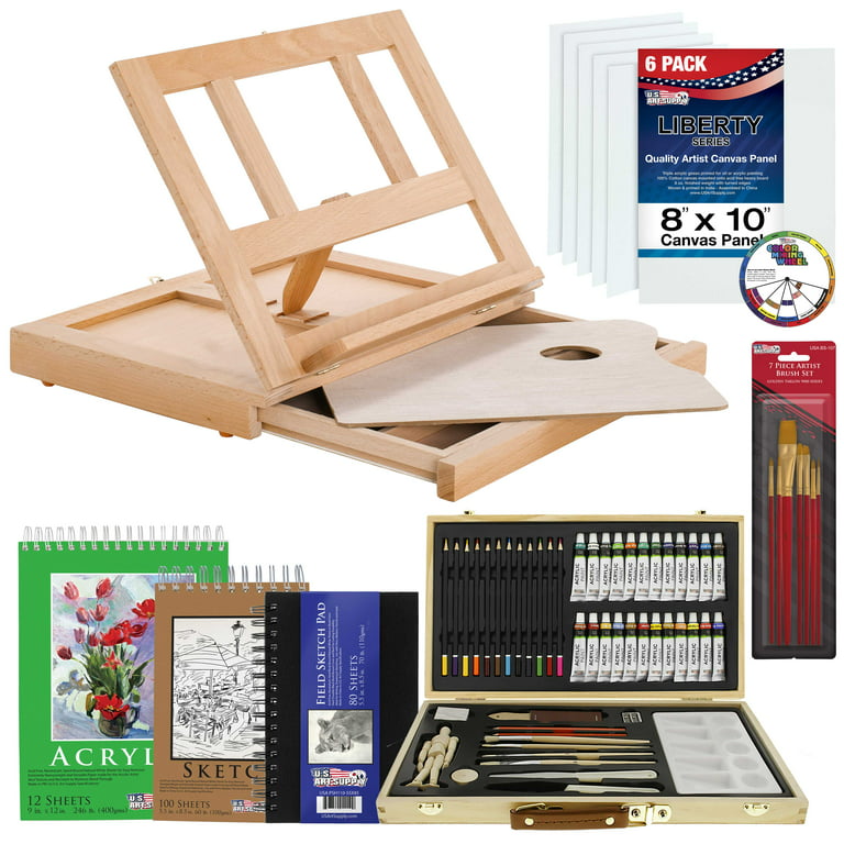 U.S. Art Supply 84-Piece Deluxe Artist Studio Creativity Set Wood Box Case  - Art Painting, Drawing, 2 Sketch Pads, 24 Watercolor Paint Colors, 24 Oil  Pastels, 24 Colored Pencils, 2 Brush, Starter Kit 