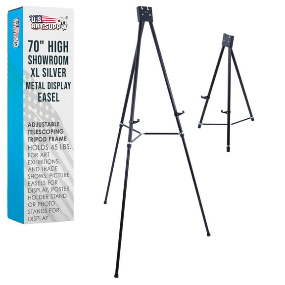 U.S. Art Supply 70" High Showroom XL Aluminum Display Easel, Holds 45 lb Extra Large Black Presentation Stand Adjustable