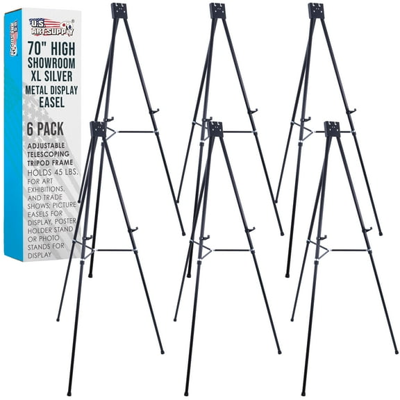 U.S. Art Supply 70" High Showroom XL Aluminum Display Easel (Pack of 6), Black Presentation Floor Tabletop Tripod Stand