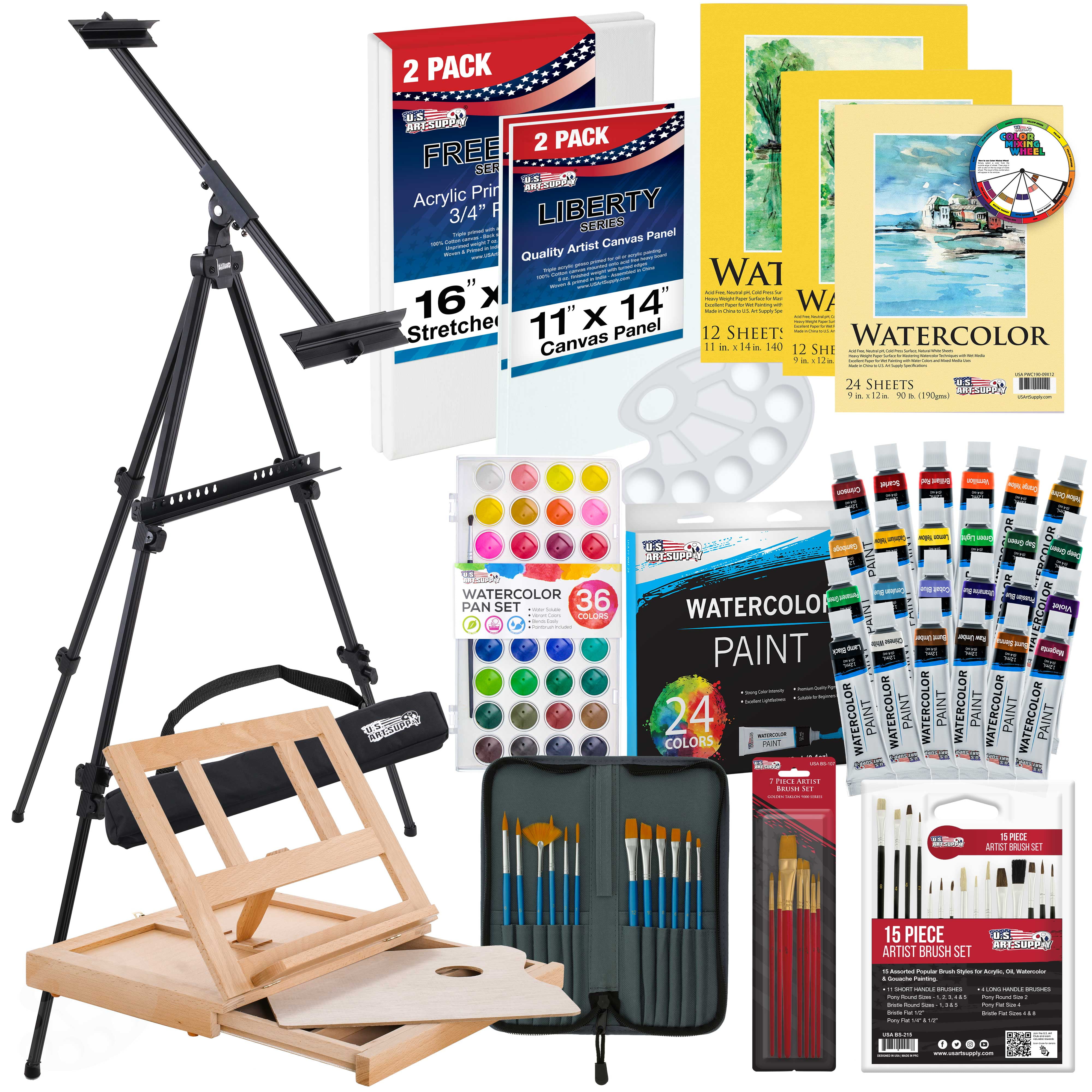 U.S. Art Supply 70-Piece Artist Watercolor Painting Set with Aluminum Field Easel, Wood Table Easel, 60 Watercolor Paint Colors, 34 Brushes, 2 Stretched Canvases, 6 Canvas Panels, 3 Paper Painting Pad