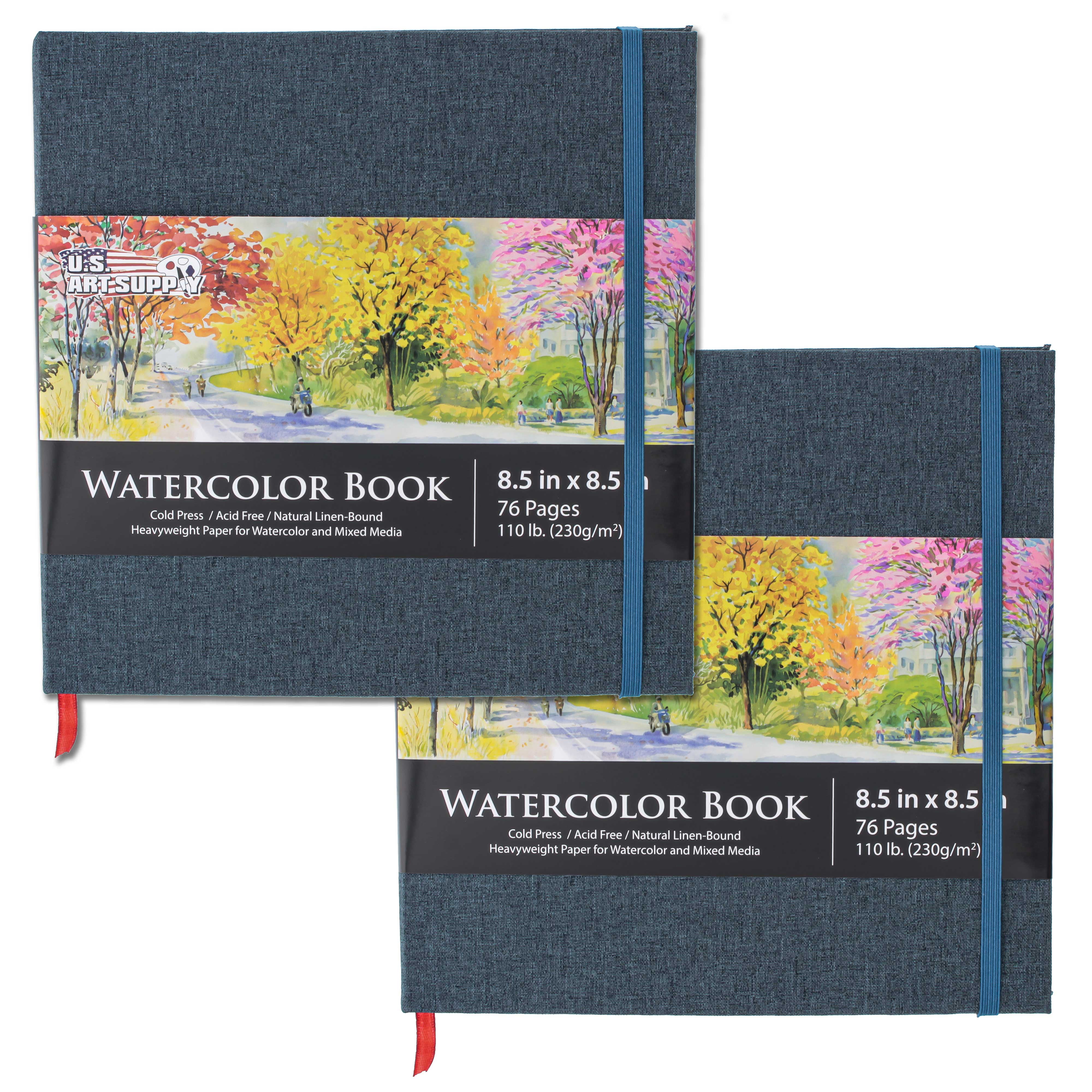 U.S. Art Supply 8.5 x 8.5 Watercolor Book, 2 Pack, 76 Sheets, 110 lb (230 Gsm) - Linen-Bound Hardcover Artists Paper Pads - Acid-free, Cold-Pressed
