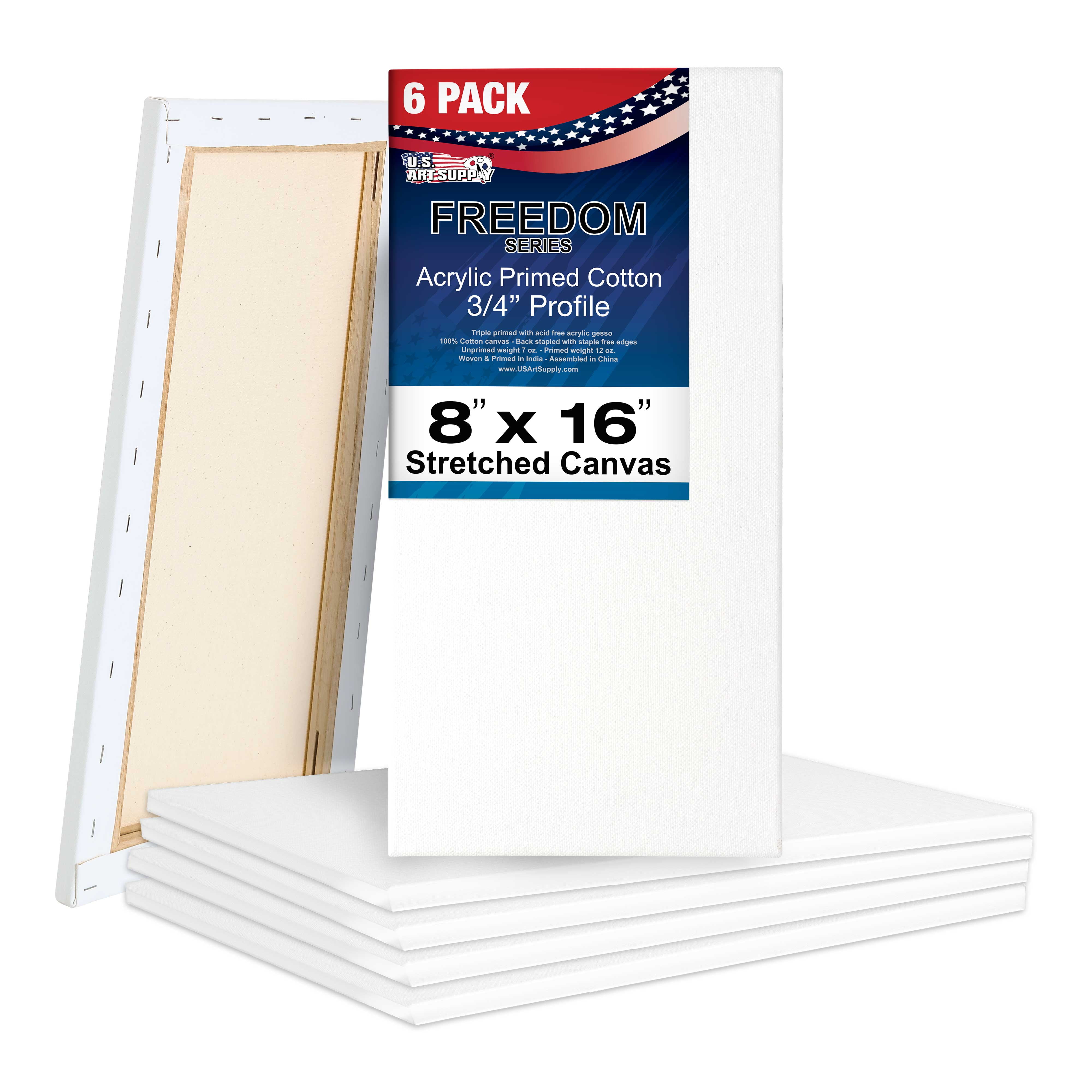 U.S. Art Supply 8 x 16 inch Stretched Canvas 12-Ounce Triple Primed, 6-Pack - Professional Artist Quality White Blank 3/4" Profile, 100% Cotton, Heavy-Weight Gesso - Acrylic Pouring, Oil Painting