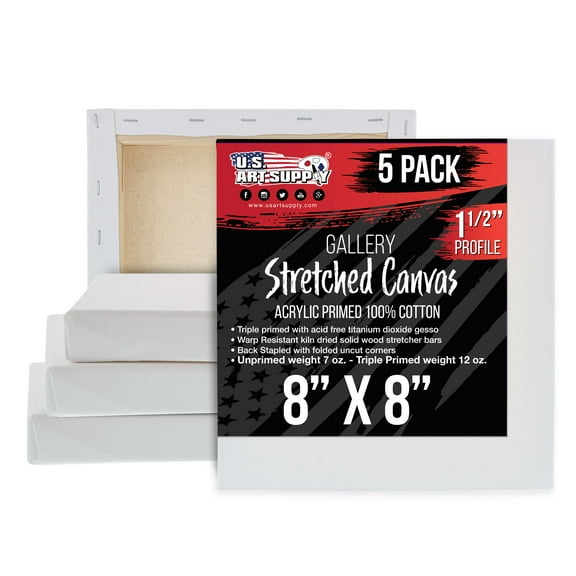 U.S. Art Supply 8" x 8" Gallery Depth 1-1/2" Profile Stretched Canvas 5-Pack - Acrylic Gesso Triple Primed 12-ounce 100% Cotton Acid-Free Back Stapled