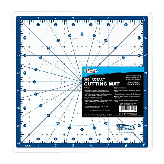 U.S. Art Supply 8" x 8" Self-Healing Cutting Mat 7-Ply - Rotary White/Blue Craft Mat, Non-Slip Cutting Mats for Crafts, Sewing, Quilting, Scrapbooking