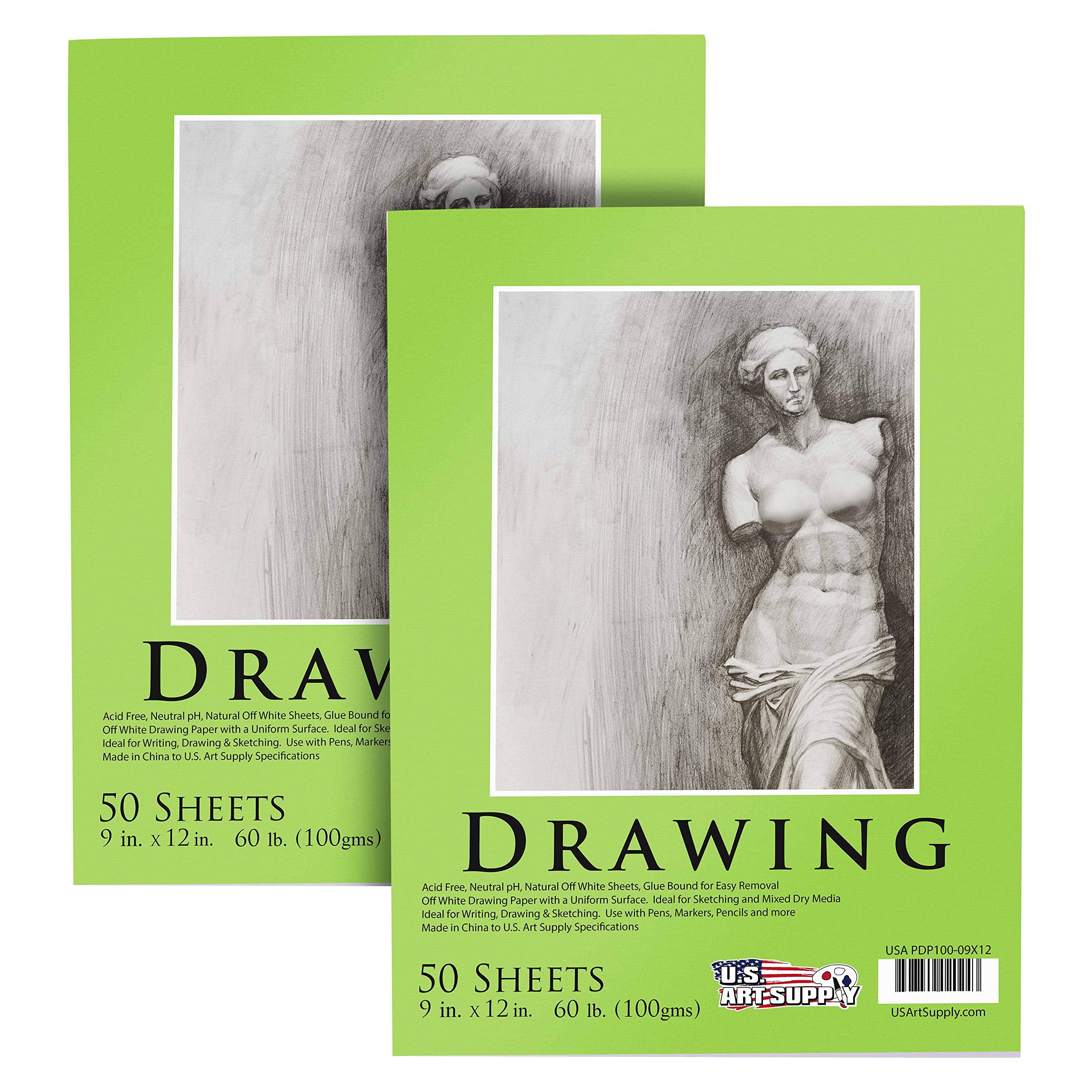 U.S. Art Supply 9" AIF4 x 12" Premium Drawing Pack of 2, 50 Sheets Each